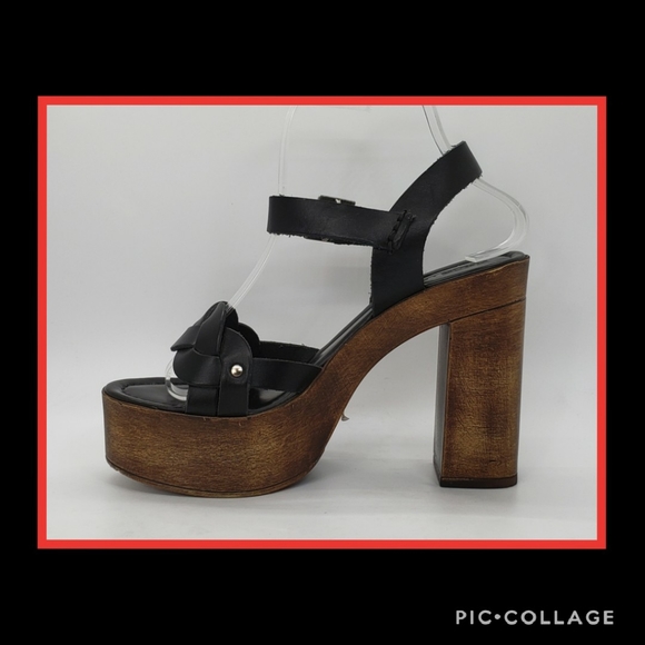 ASOS Black Leather Strappy Wood Platforms Size 8 - Picture 7 of 8